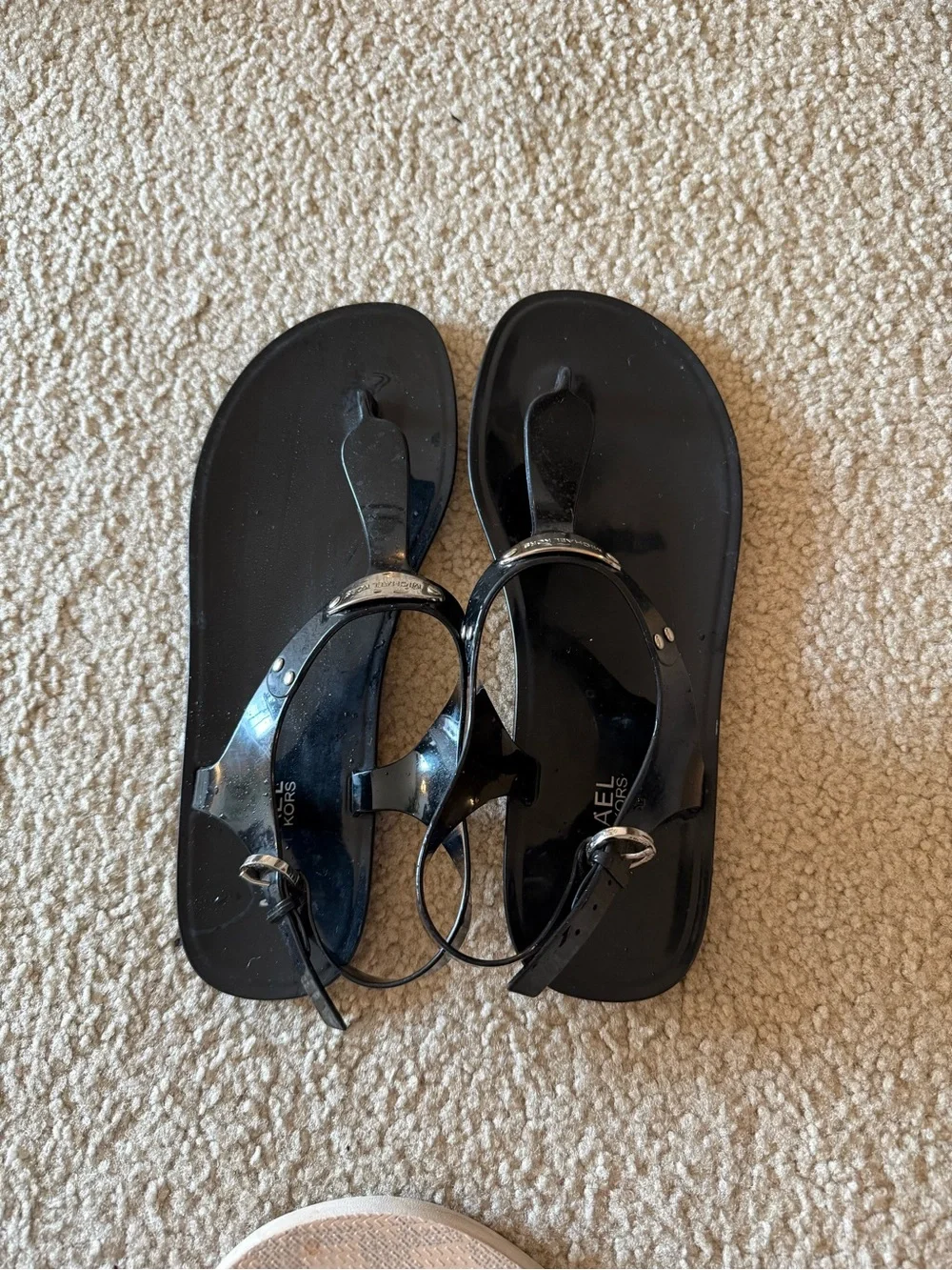 Michael Kors Black Jelly T-Strap Sandals with Logo Plaque